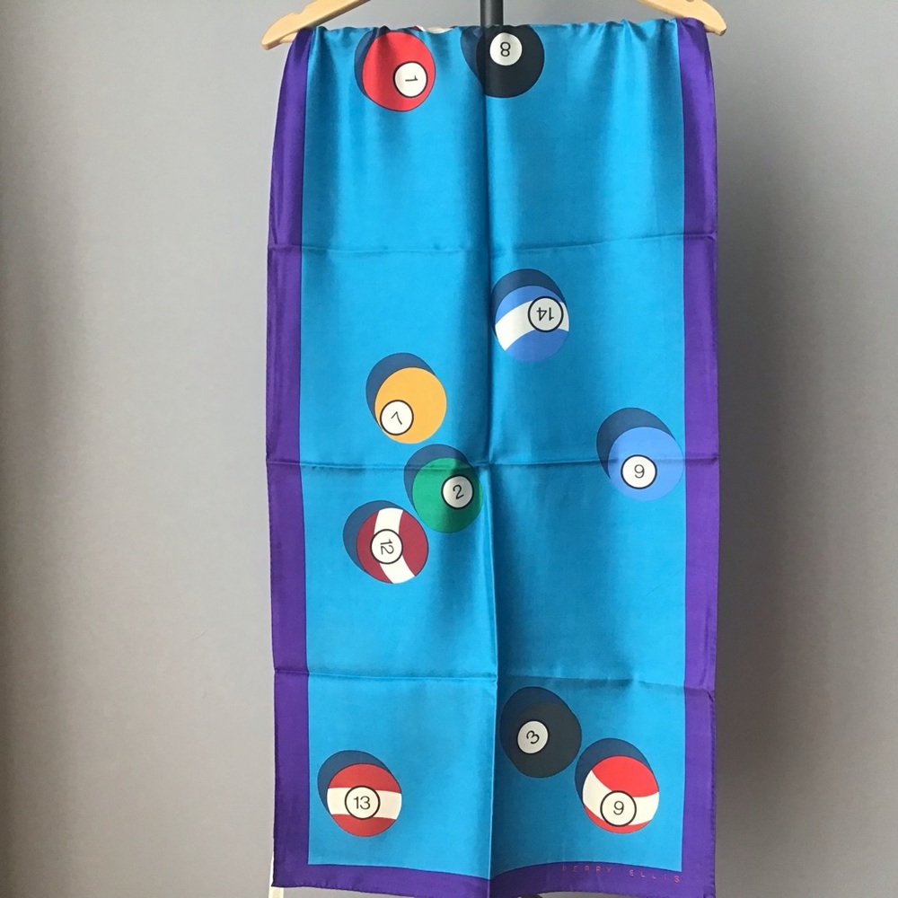 Vintage Perry Ellis Rectangular Blue Silk Scarf Billiard Balls - Picture 2 of 6